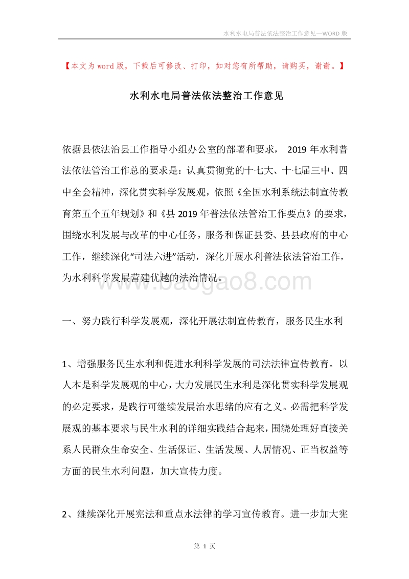 水利水电局普法依法整治工作意见.docx_第1页