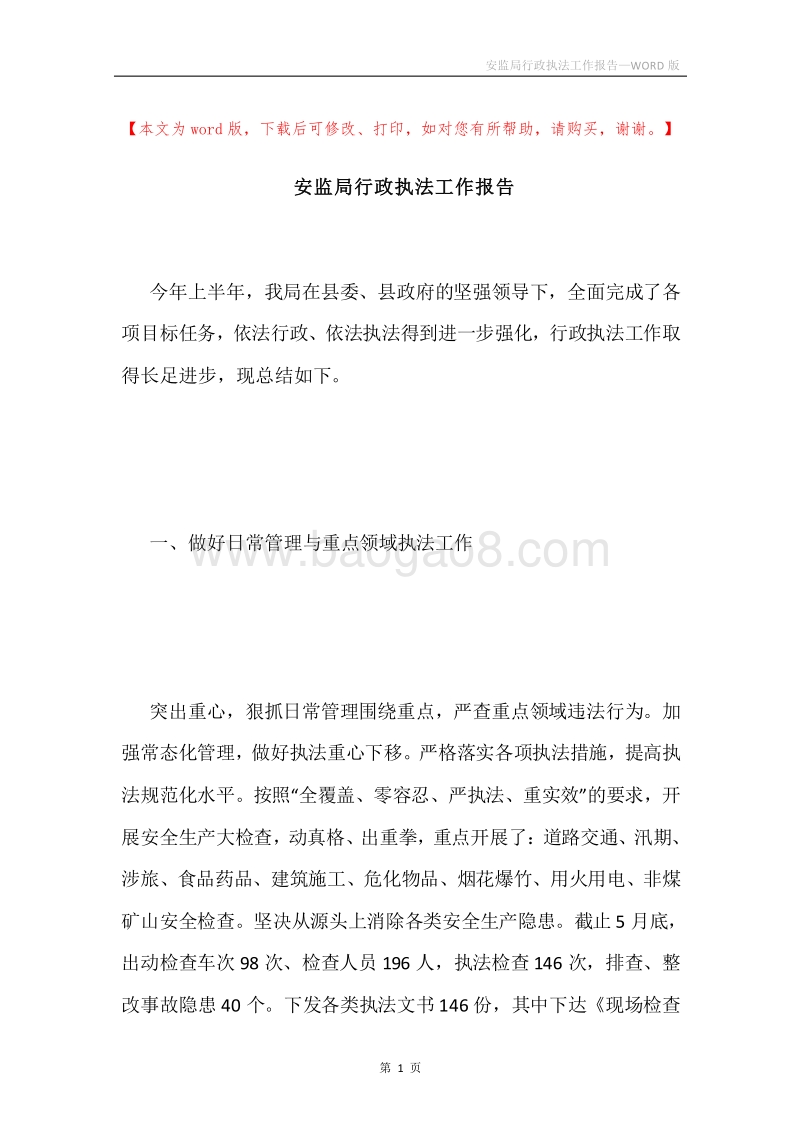 安监局行政执法工作报告.docx_第1页