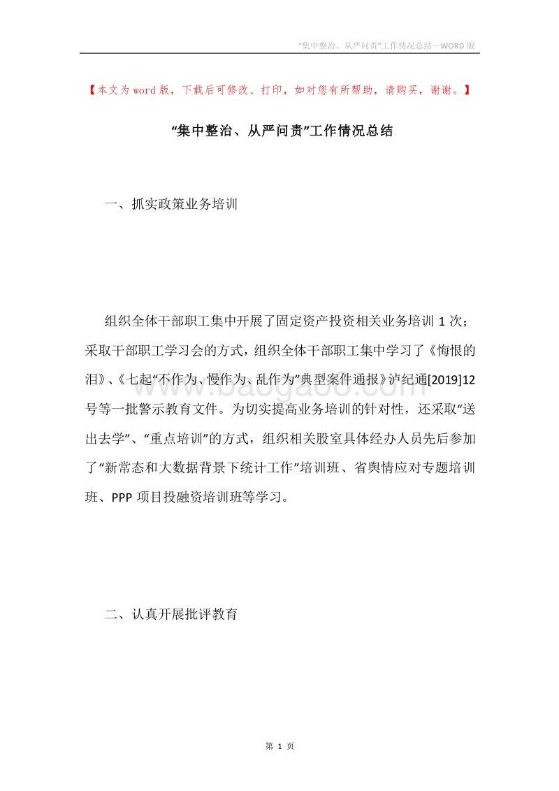“集中整治、从严问责”工作情况总结.docx_第1页