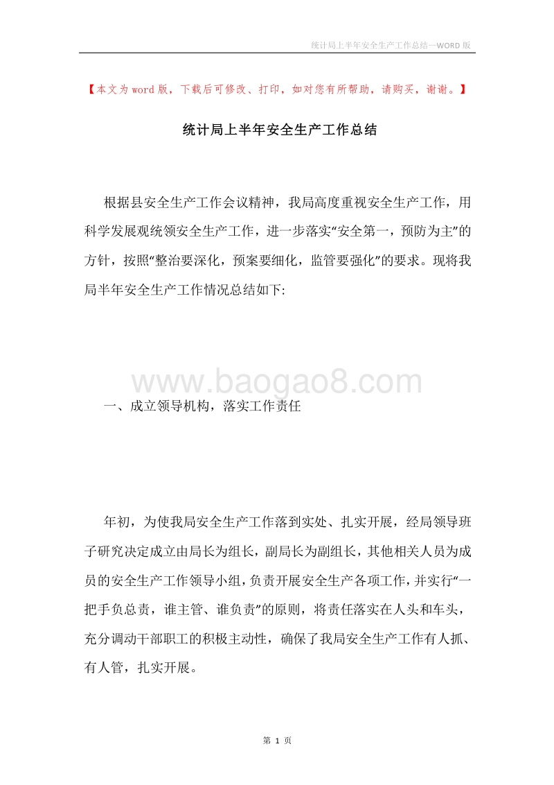 统计局上半年安全生产工作总结.docx_第1页