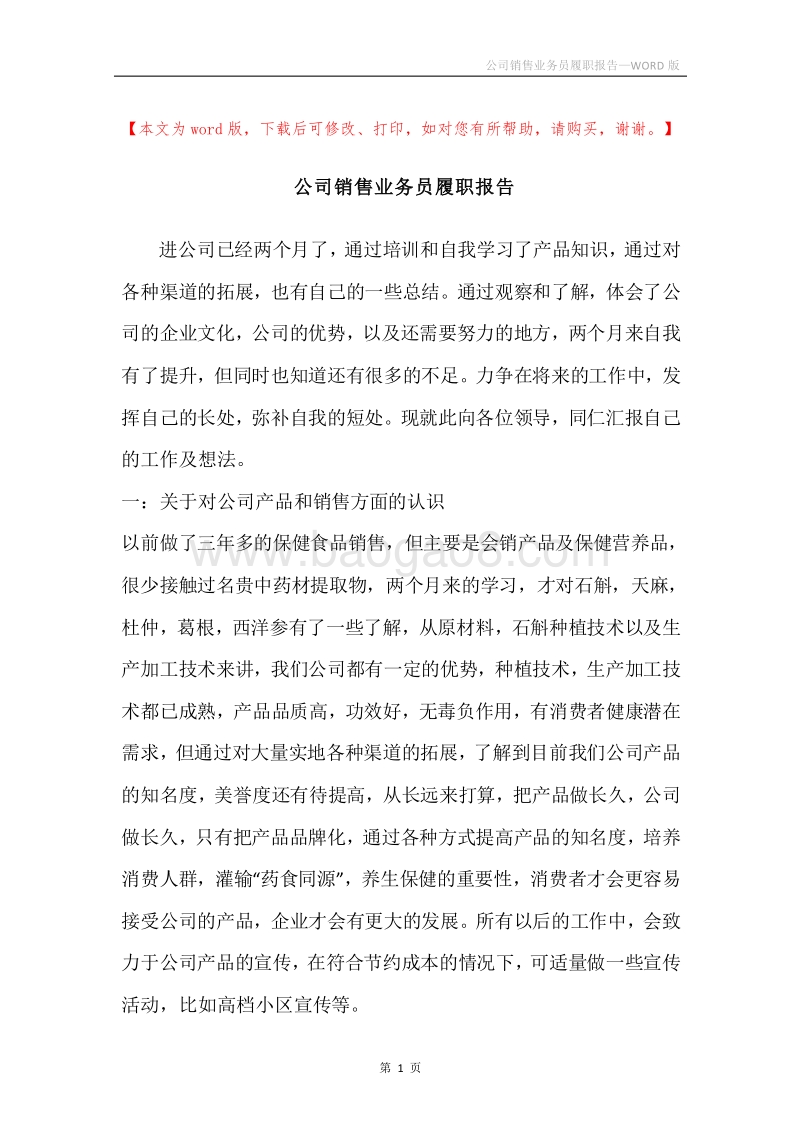公司销售业务员履职报告.docx_第1页