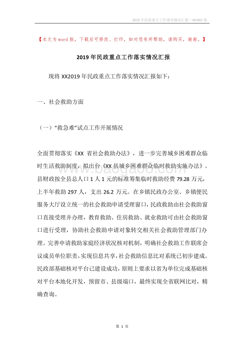 2019年民政重点工作落实情况汇报.docx_第1页