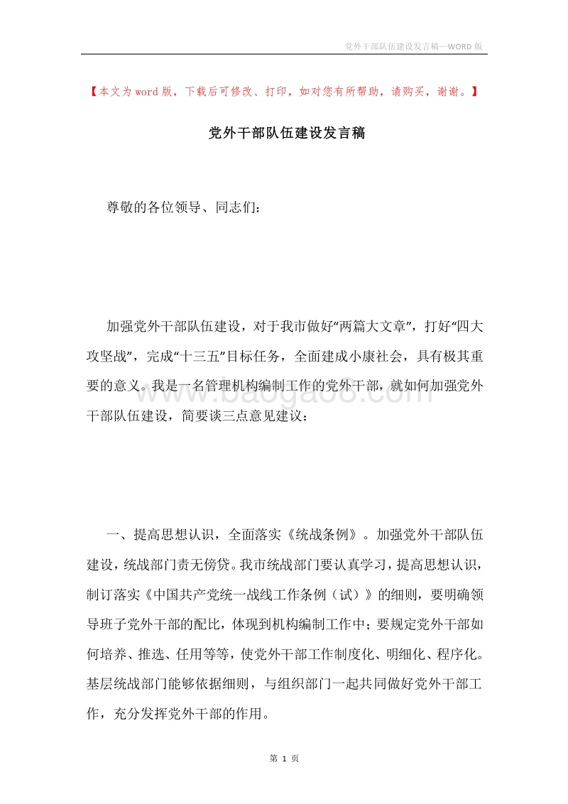党外干部队伍建设发言稿.docx_第1页