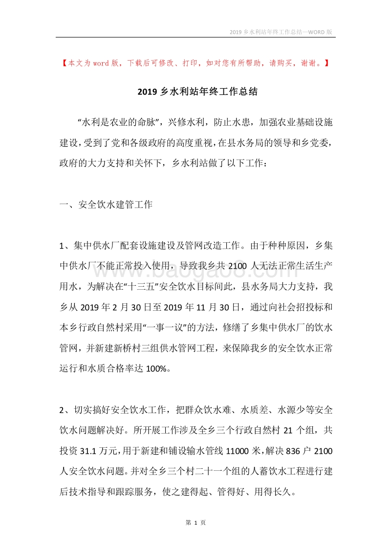 2019乡水利站年终工作总结.docx_第1页