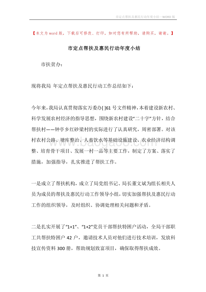 市定点帮扶及惠民行动年度小结.docx_第1页