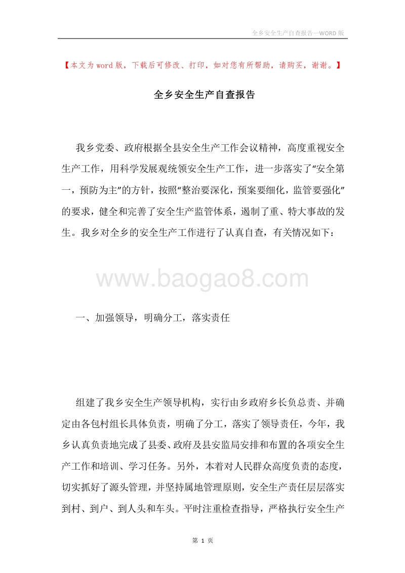 全乡安全生产自查报告.docx_第1页