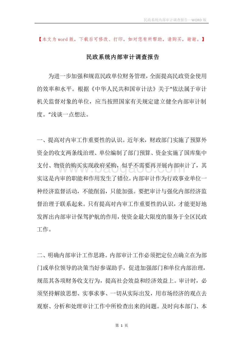 民政系统内部审计调查报告.docx_第1页