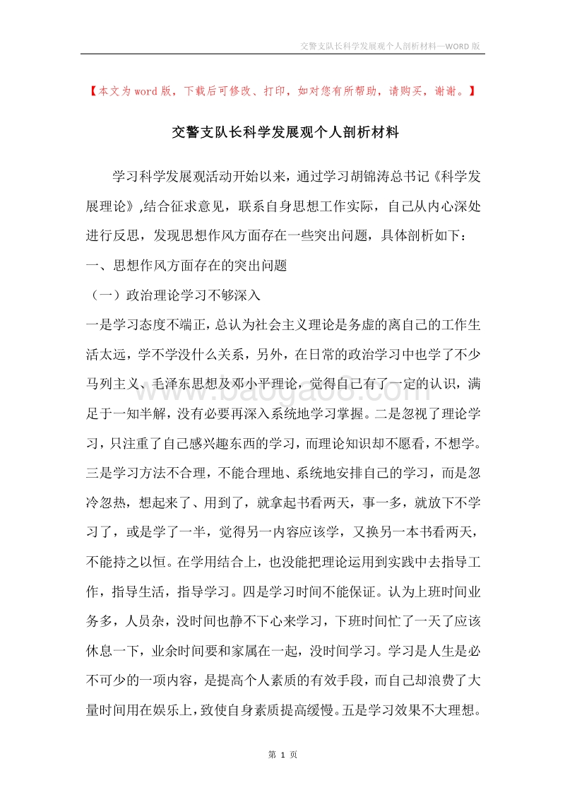 交警支队长科学发展观个人剖析材料.docx_第1页