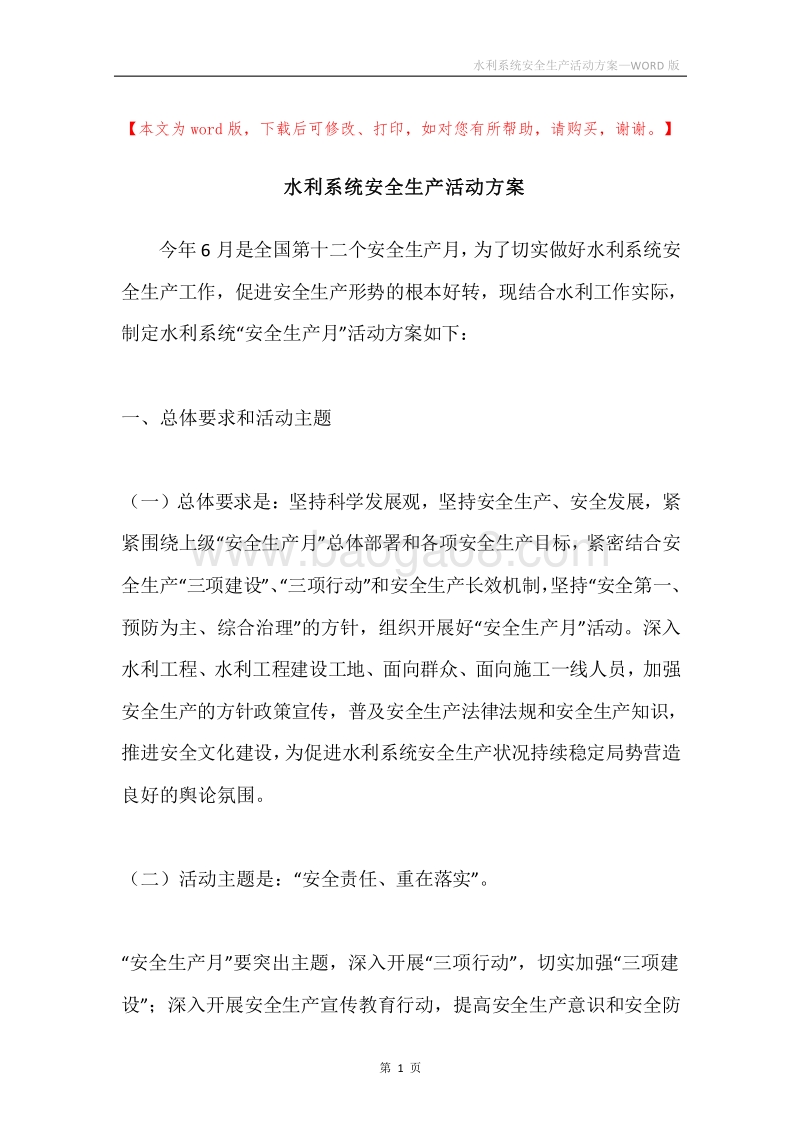 水利系统安全生产活动方案.docx_第1页