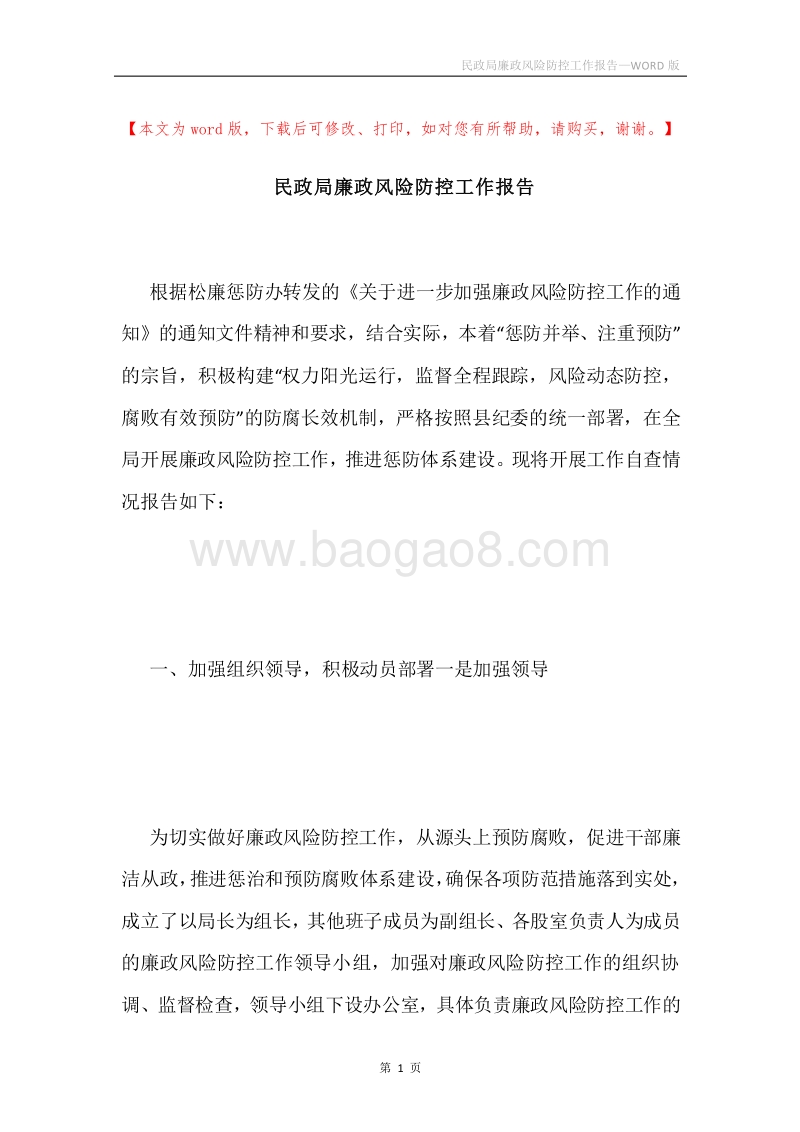 民政局廉政风险防控工作报告.docx_第1页