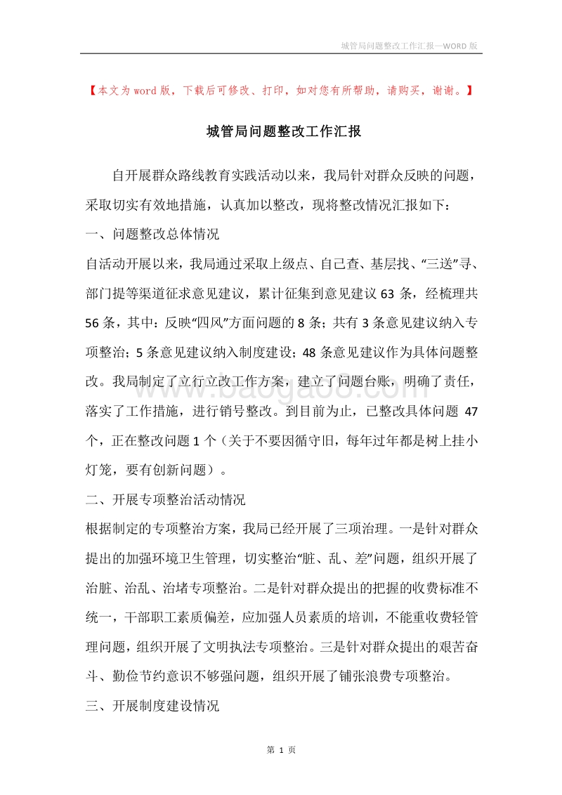 城管局问题整改工作汇报.docx_第1页