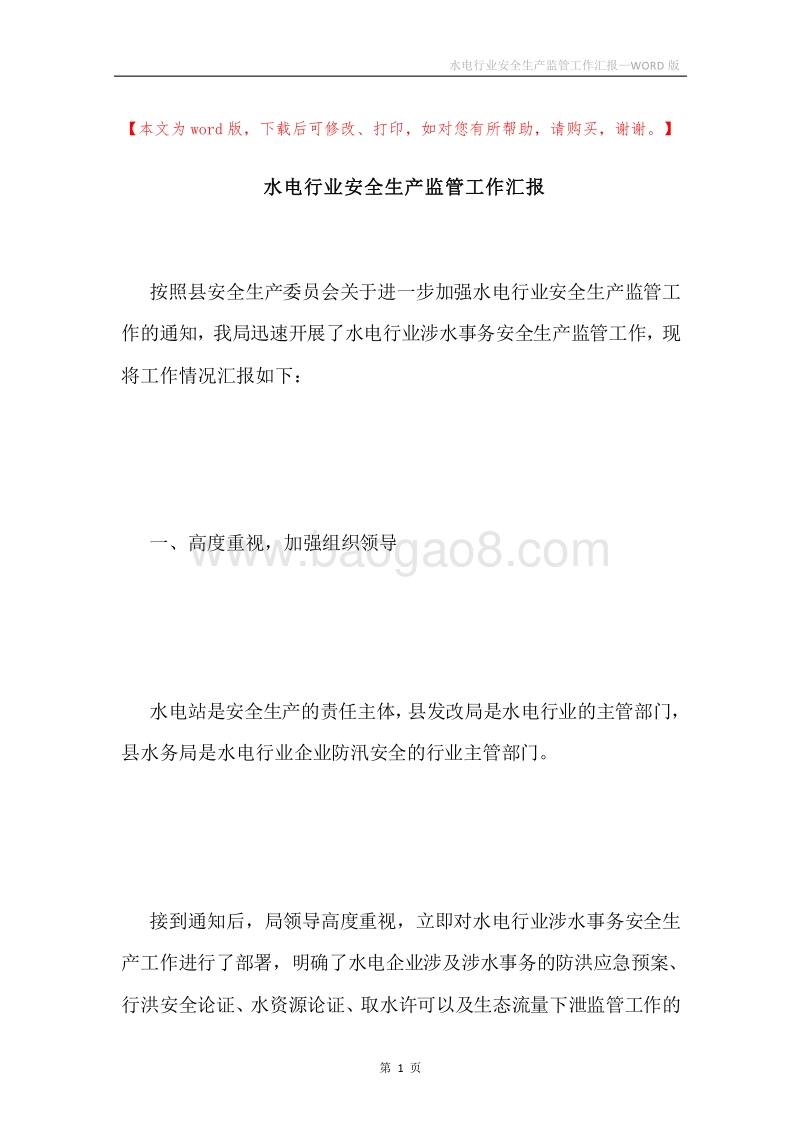 水电行业安全生产监管工作汇报.docx_第1页