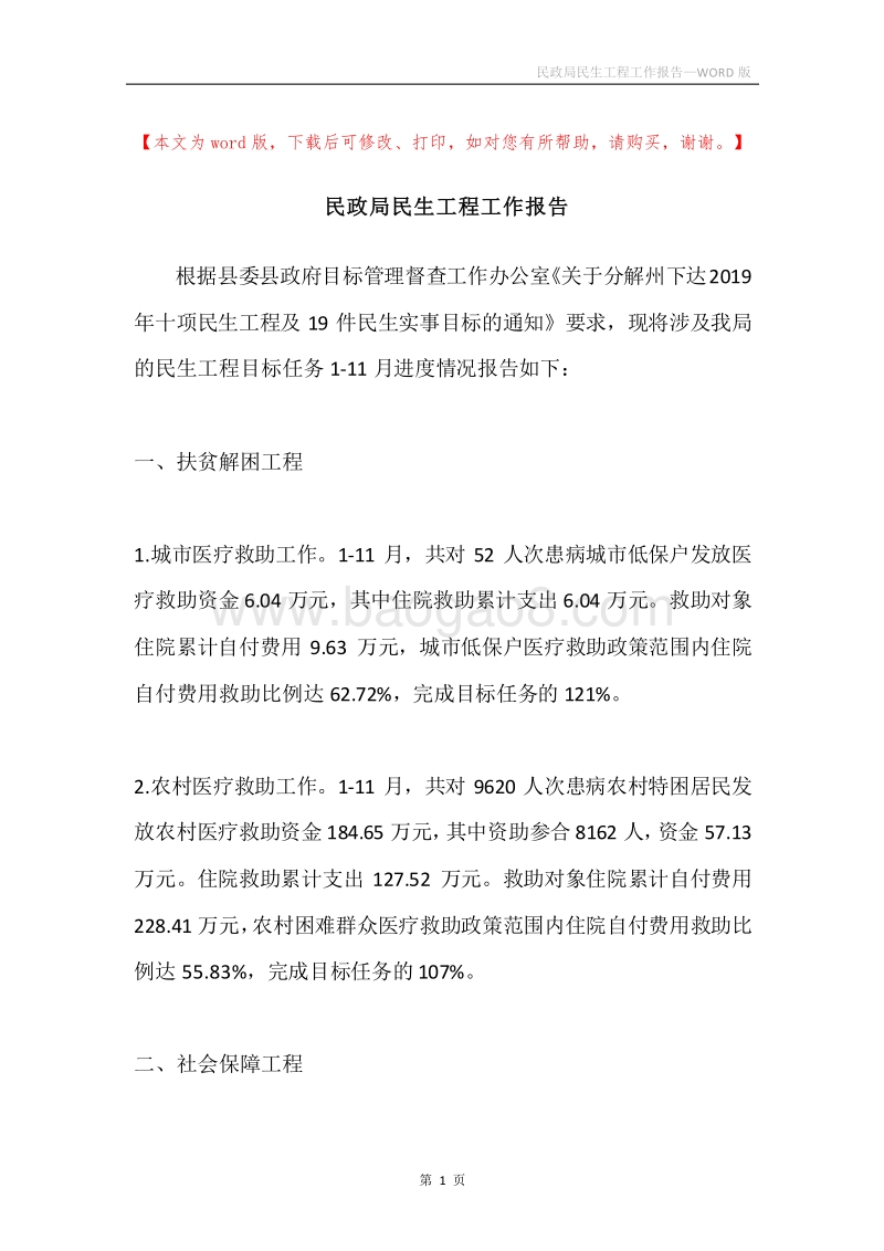 民政局民生工程工作报告.docx_第1页
