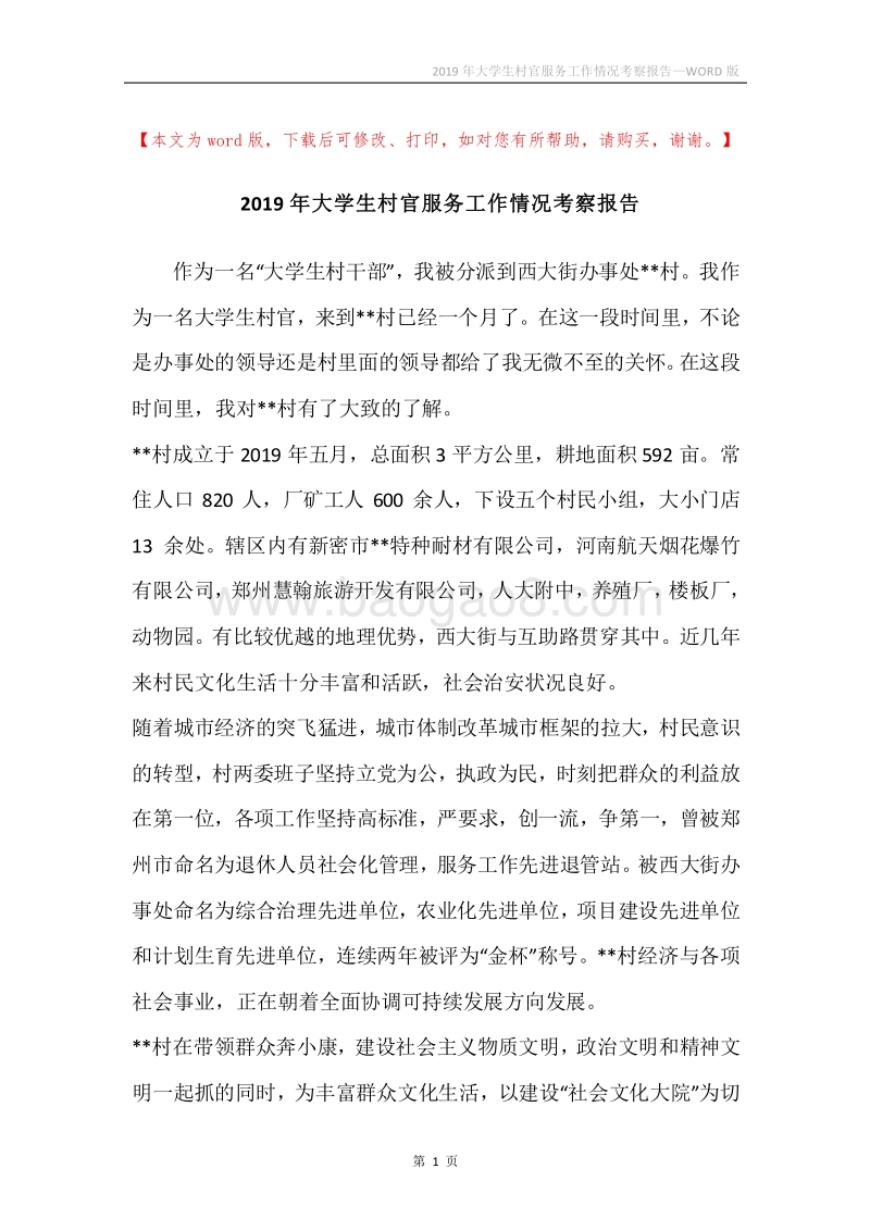 2019年大学生村官服务工作情况考察报告.docx_第1页