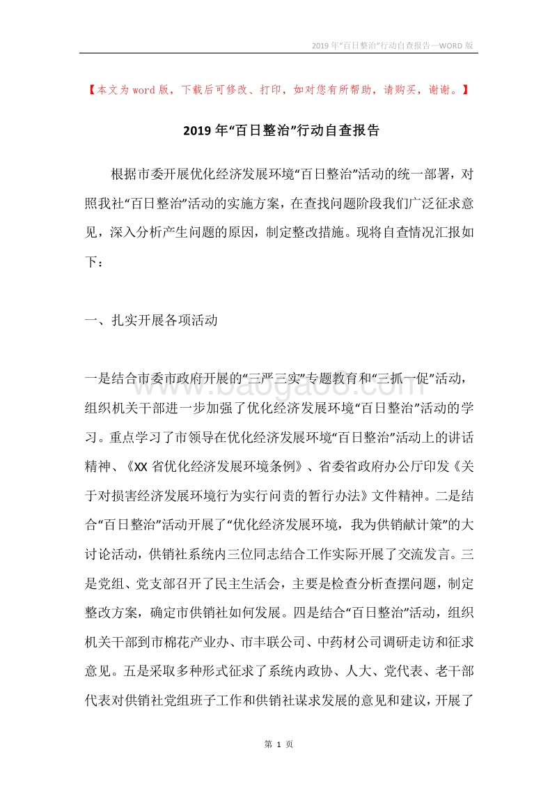 2019年“百日整治”行动自查报告.docx_第1页