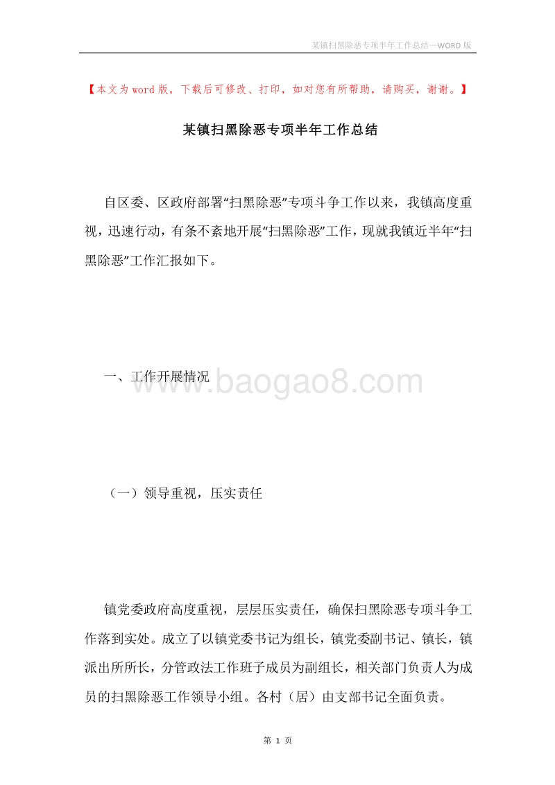 某镇扫黑除恶专项半年工作总结.docx_第1页