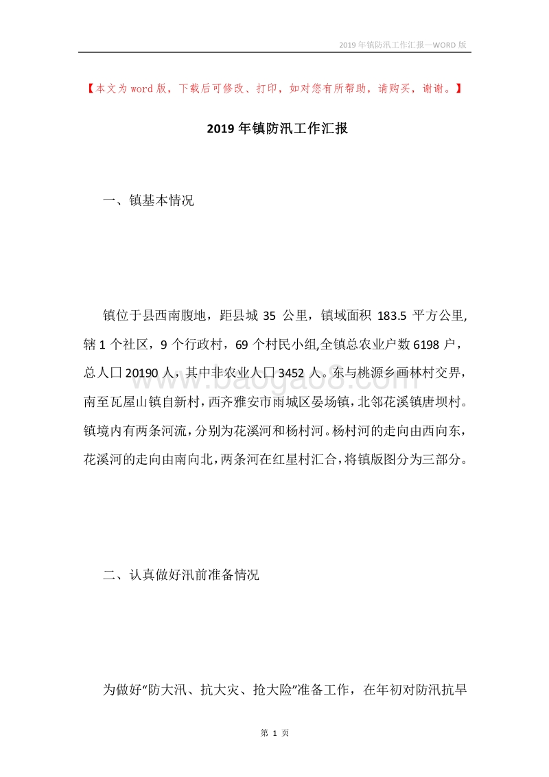 2019年镇防汛工作汇报.docx_第1页