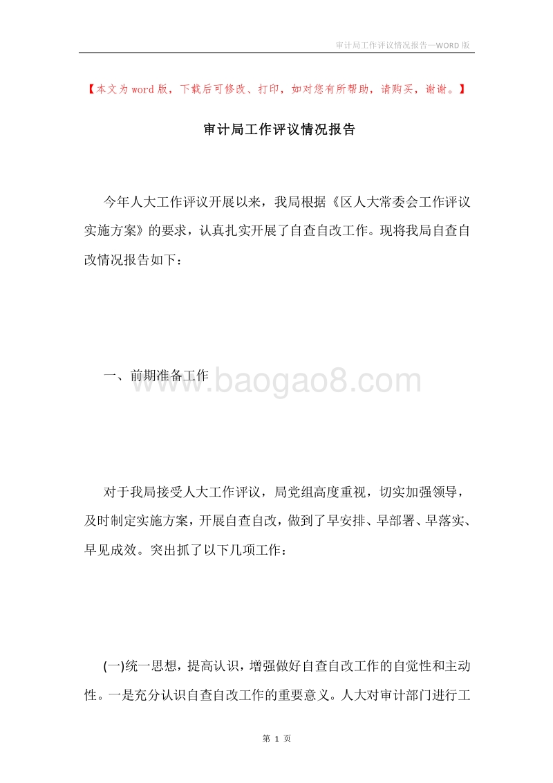 审计局工作评议情况报告.docx_第1页