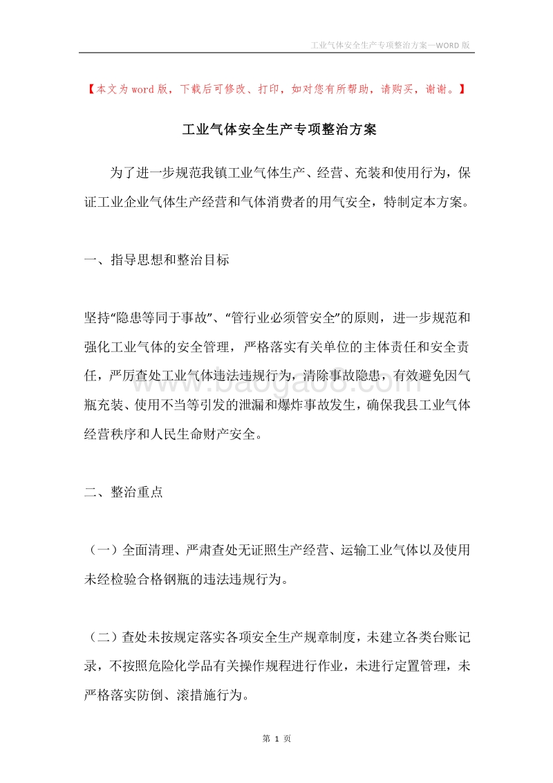 工业气体安全生产专项整治方案.docx_第1页