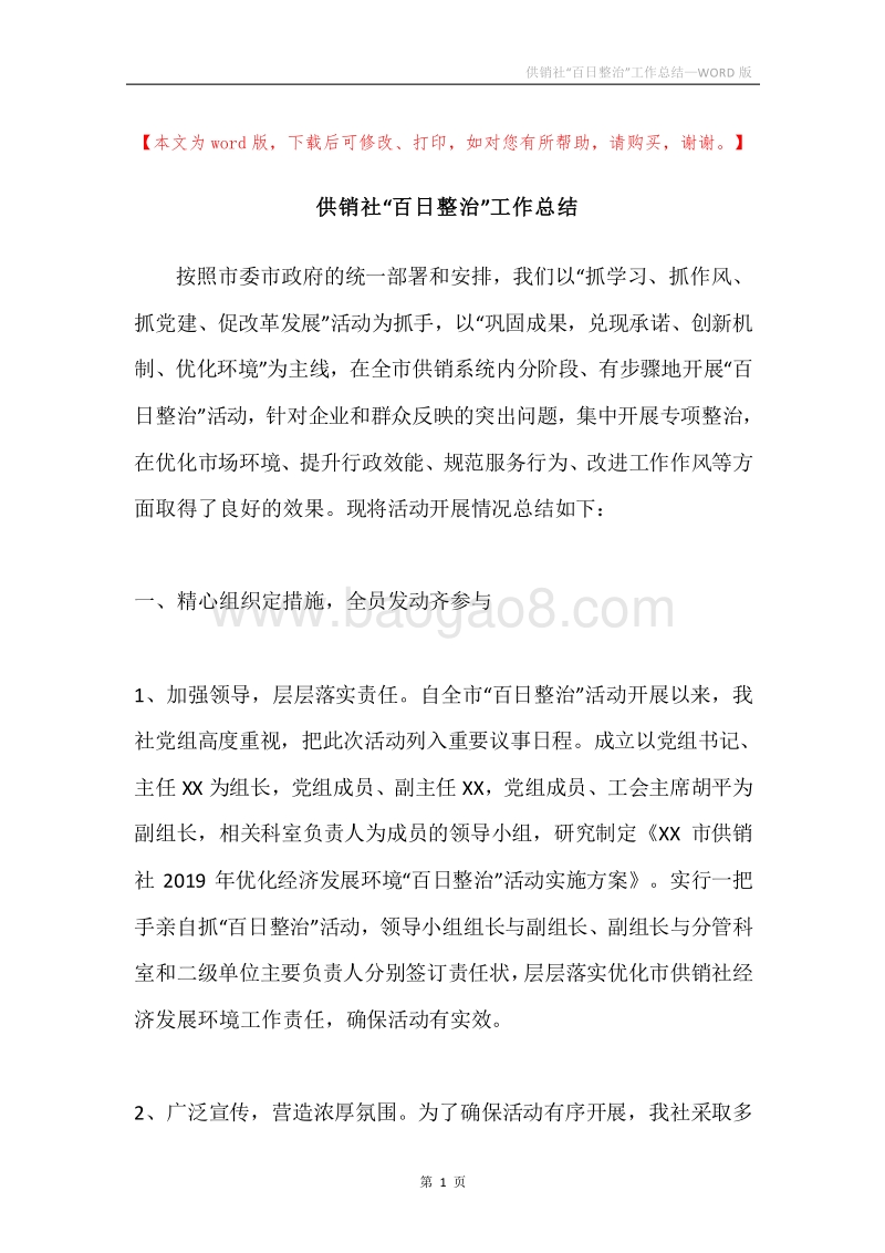 供销社“百日整治”工作总结.docx_第1页