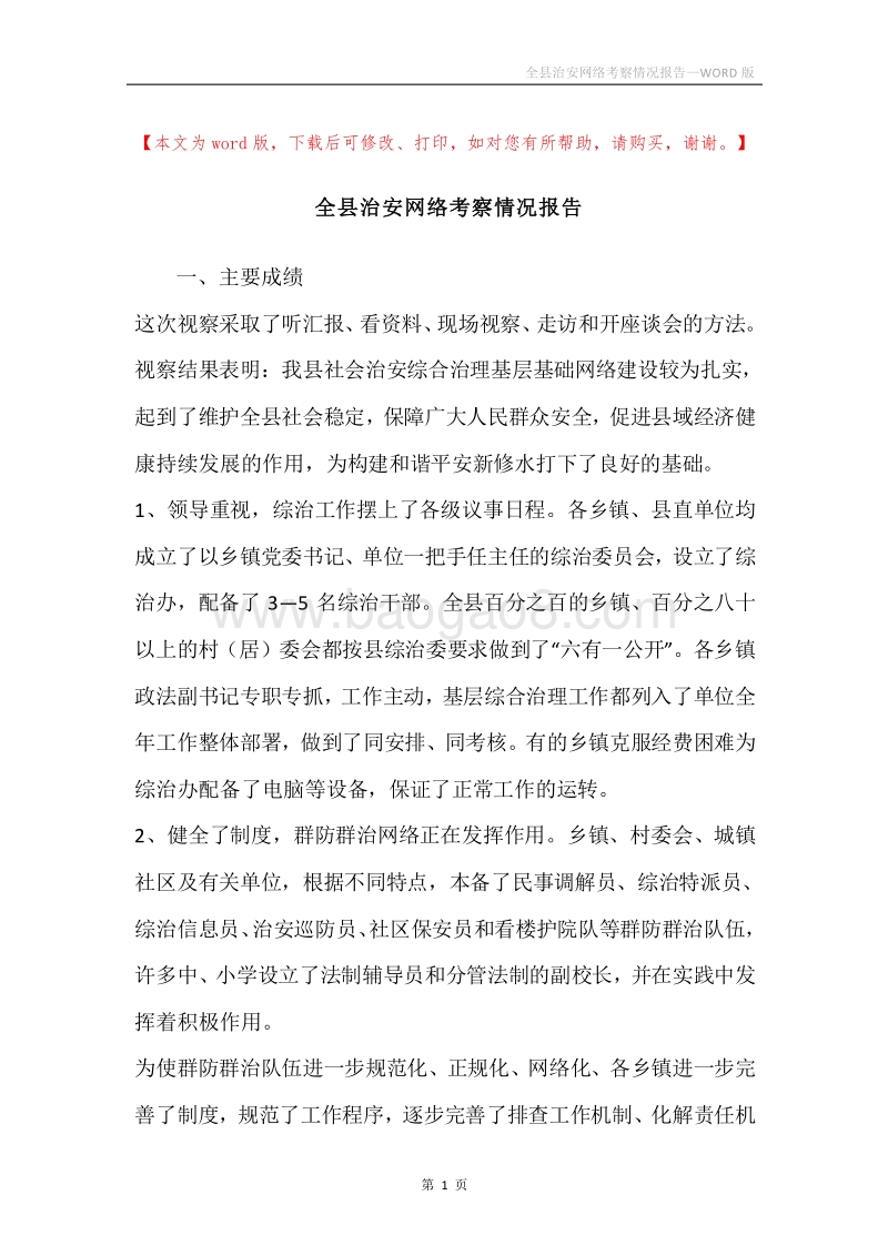 全县治安网络考察情况报告.docx_第1页