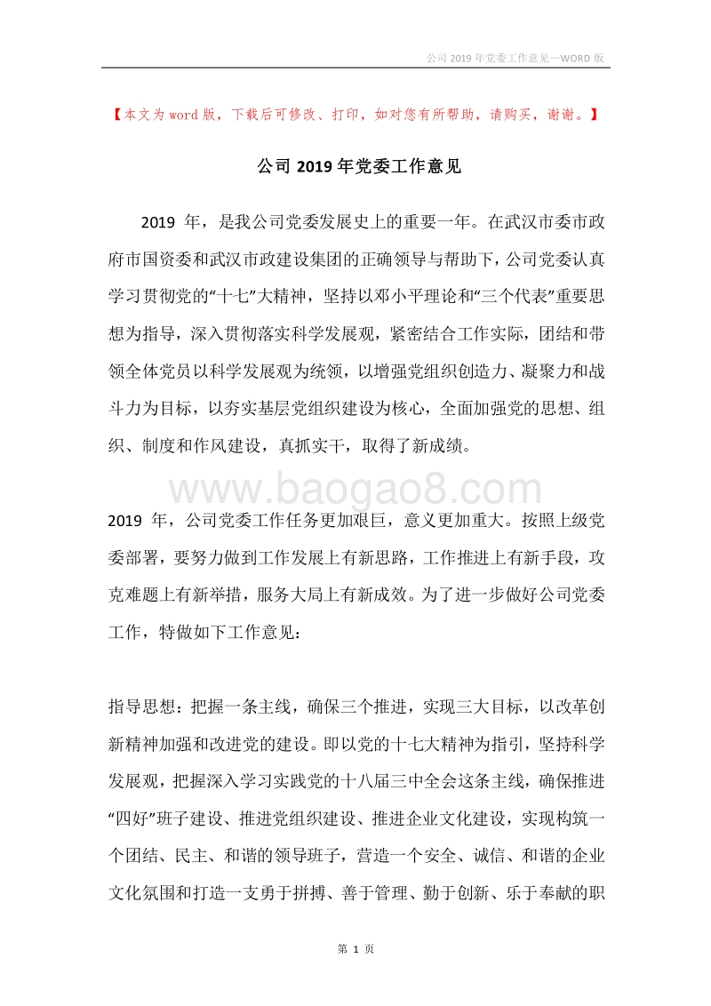 公司2019年党委工作意见.docx_第1页