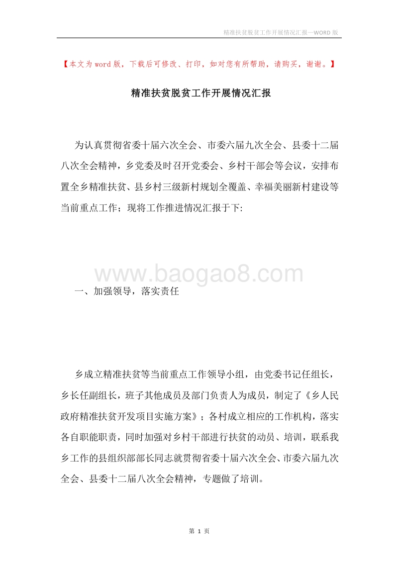 精准扶贫脱贫工作开展情况汇报.docx_第1页