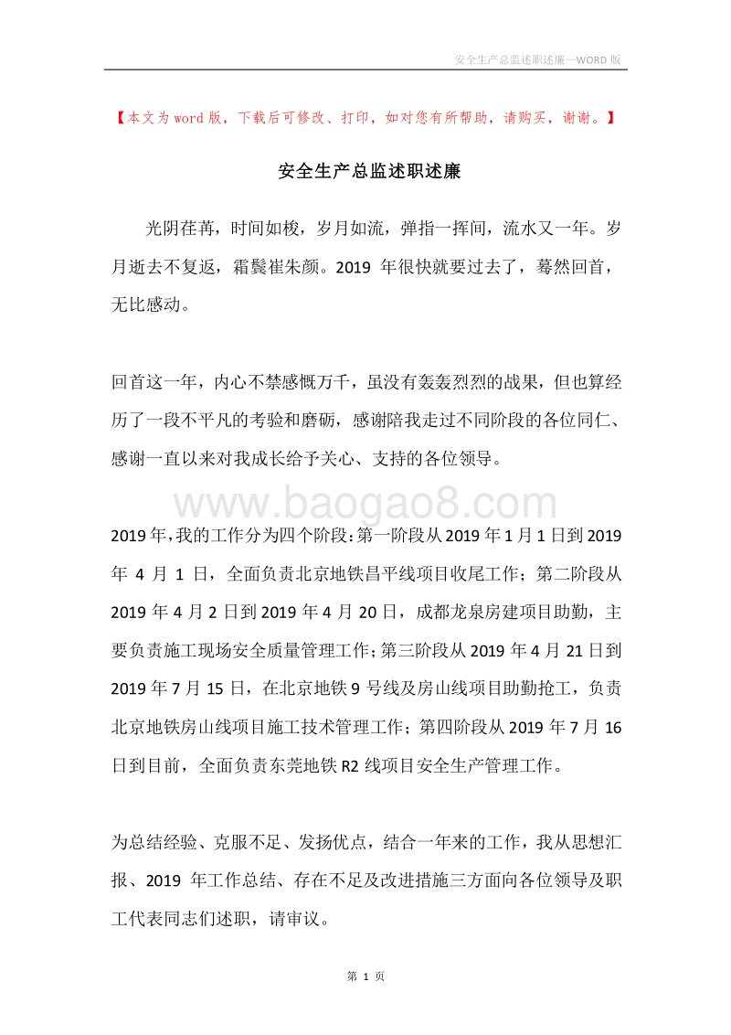 安全生产总监述职述廉.docx_第1页