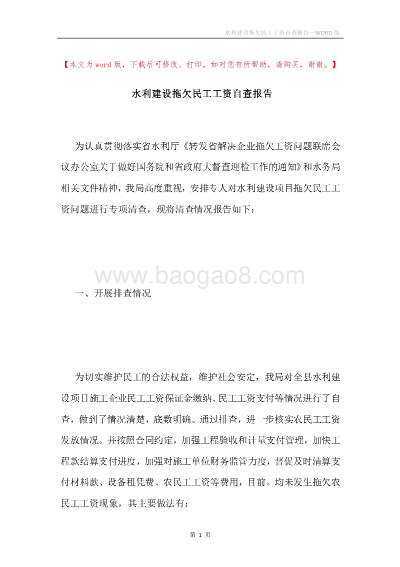 水利建设拖欠民工工资自查报告.docx_第1页