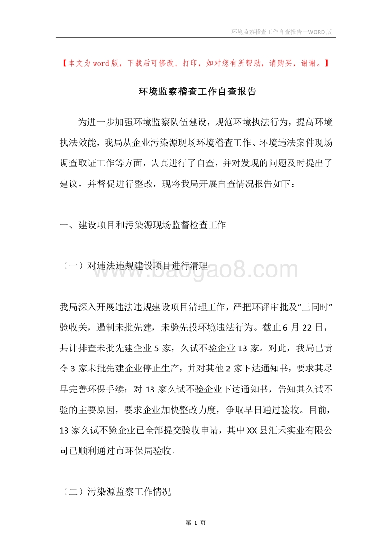 环境监察稽查工作自查报告.docx_第1页