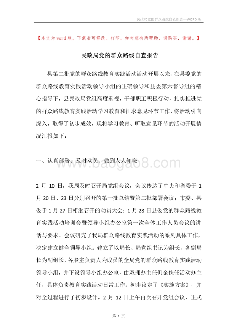 民政局党的群众路线自查报告.docx_第1页