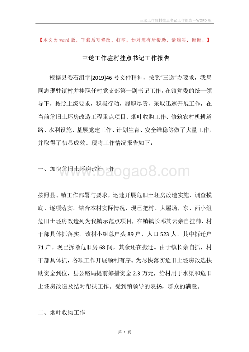 三送工作驻村挂点书记工作报告.docx_第1页