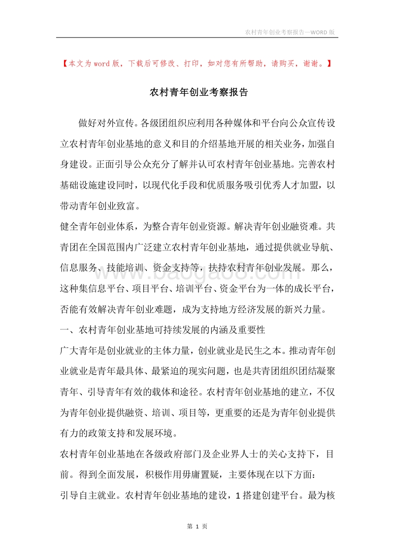 农村青年创业考察报告.docx_第1页