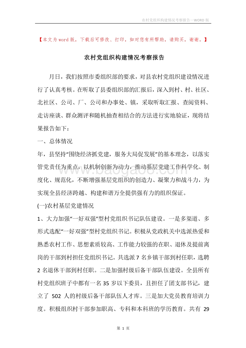 农村党组织构建情况考察报告.docx_第1页
