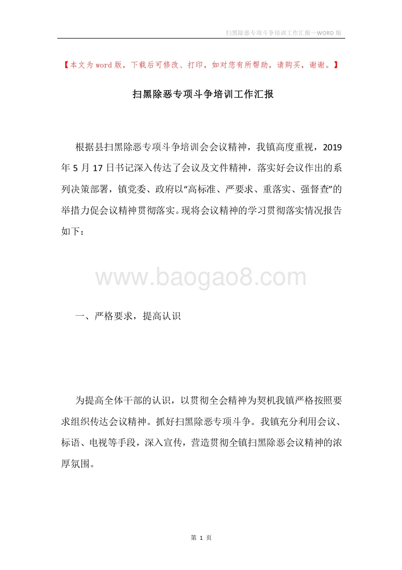扫黑除恶专项斗争培训工作汇报.docx_第1页