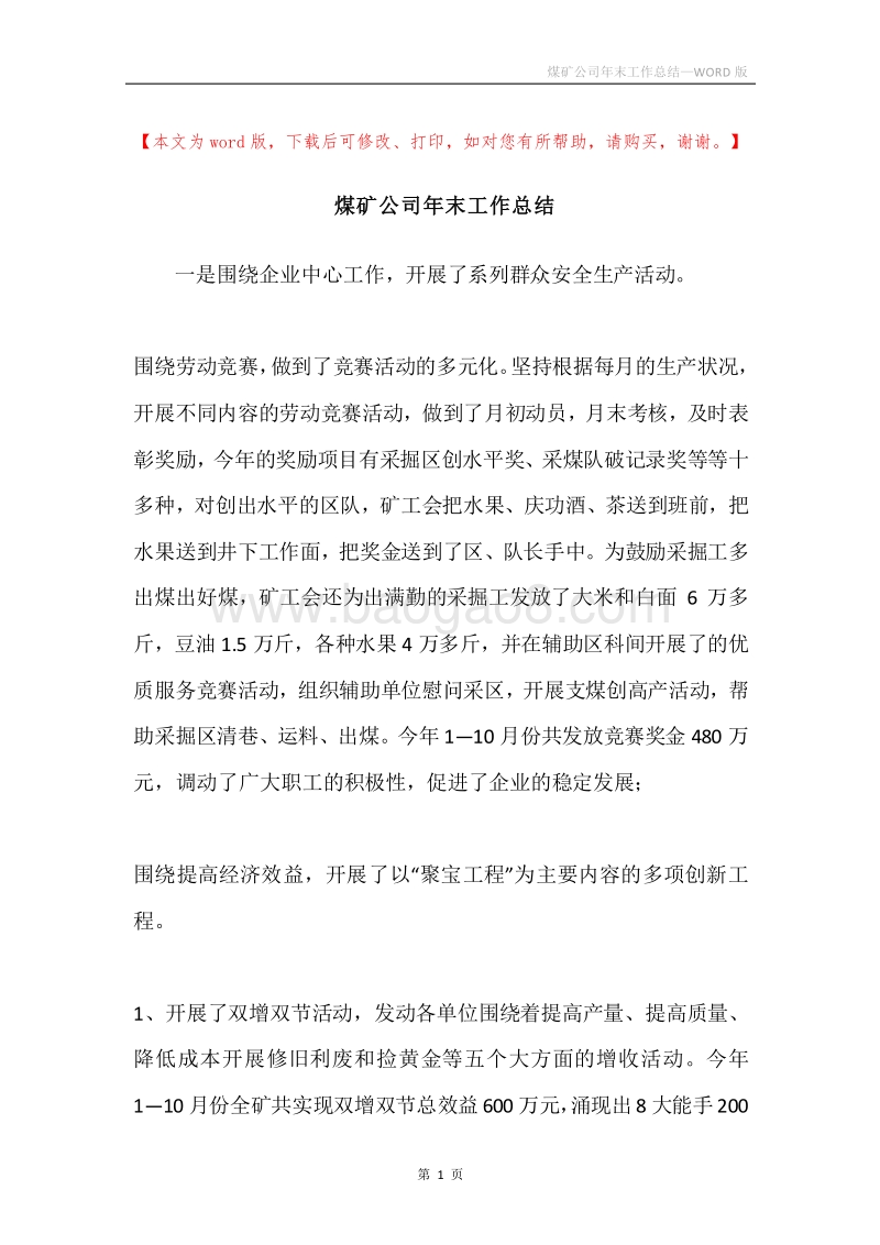 煤矿公司年末工作总结.docx_第1页