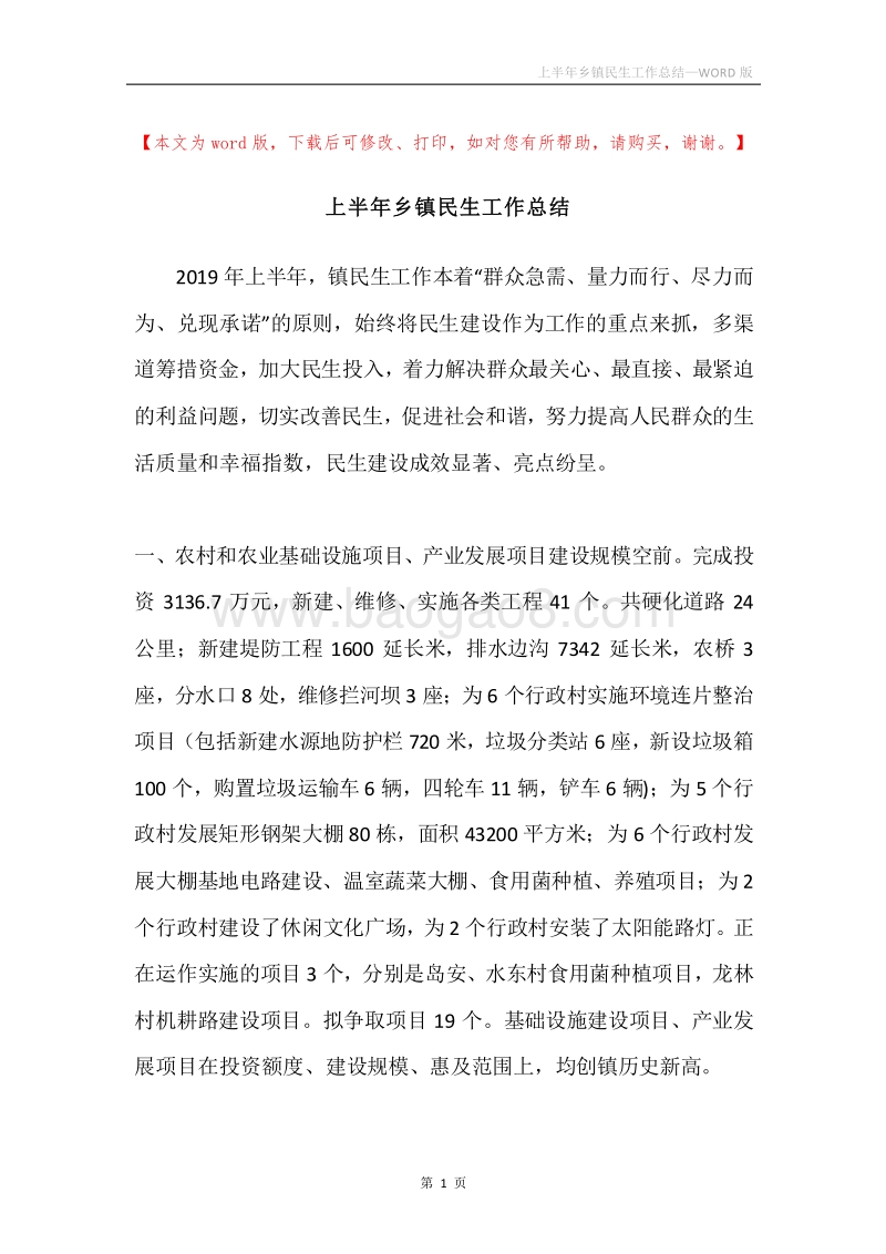 上半年乡镇民生工作总结.docx_第1页