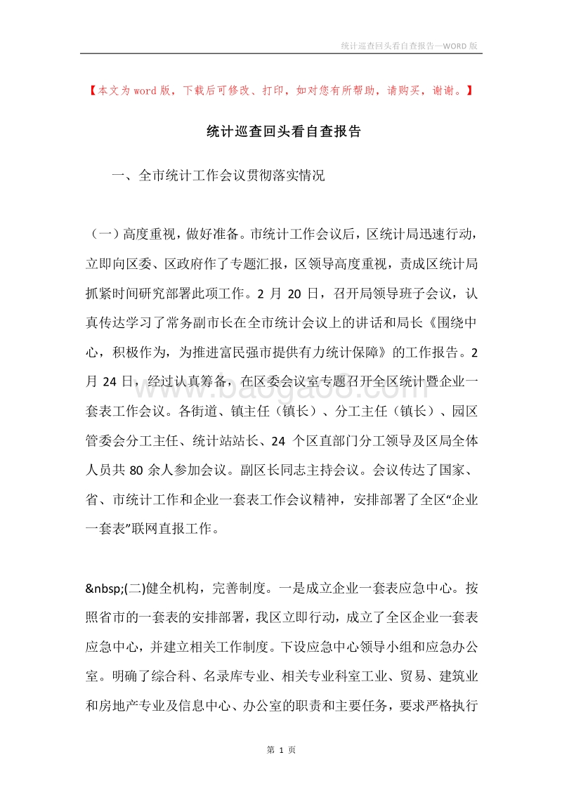 统计巡查回头看自查报告.docx_第1页