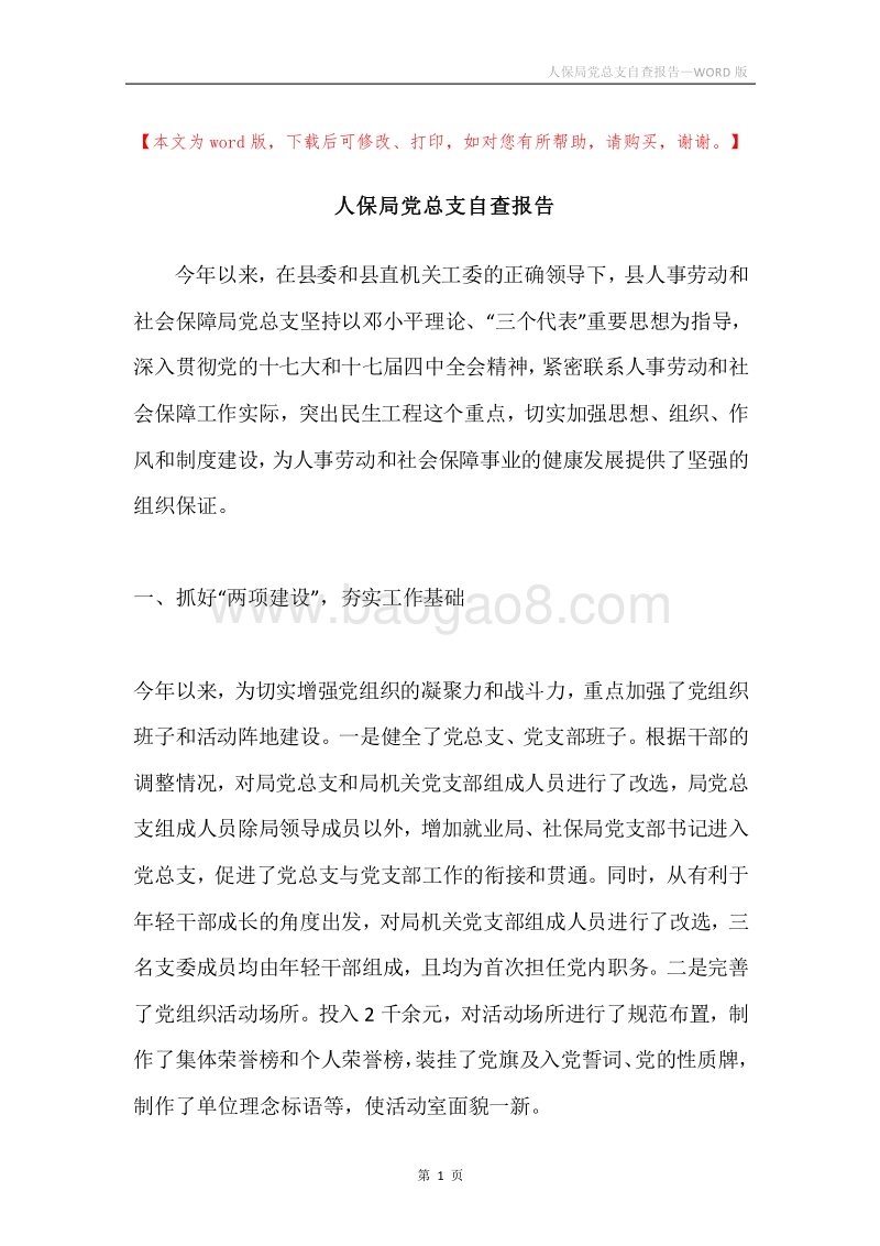 人保局党总支自查报告.docx_第1页