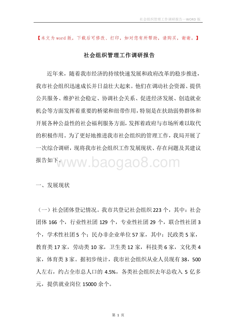 社会组织管理工作调研报告.docx_第1页