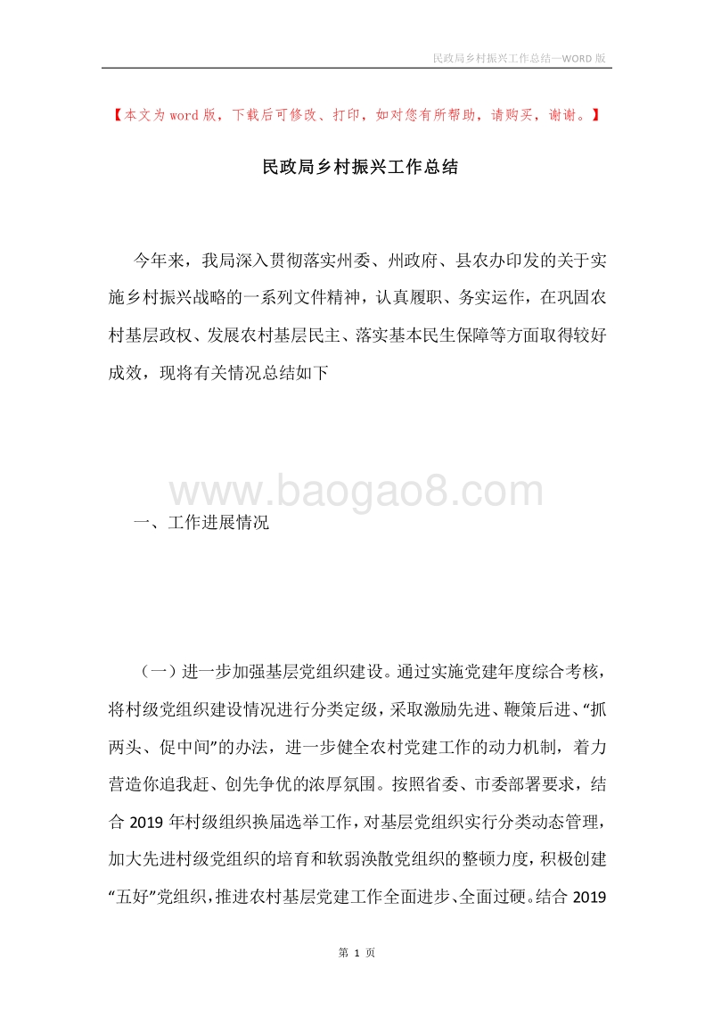 民政局乡村振兴工作总结.docx_第1页