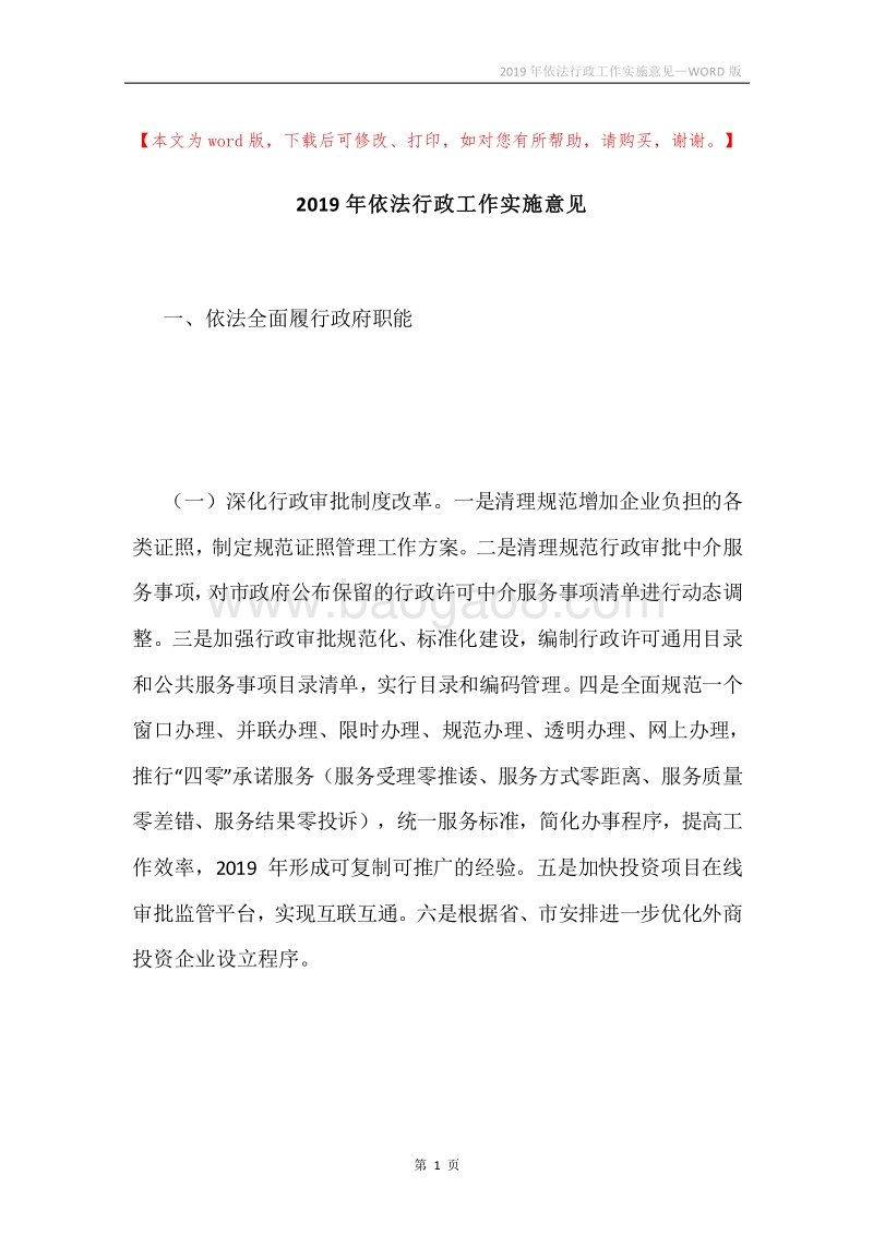 2019年依法行政工作实施意见.docx_第1页