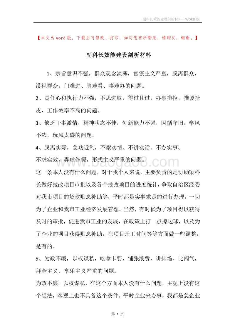 副科长效能建设剖析材料.docx_第1页
