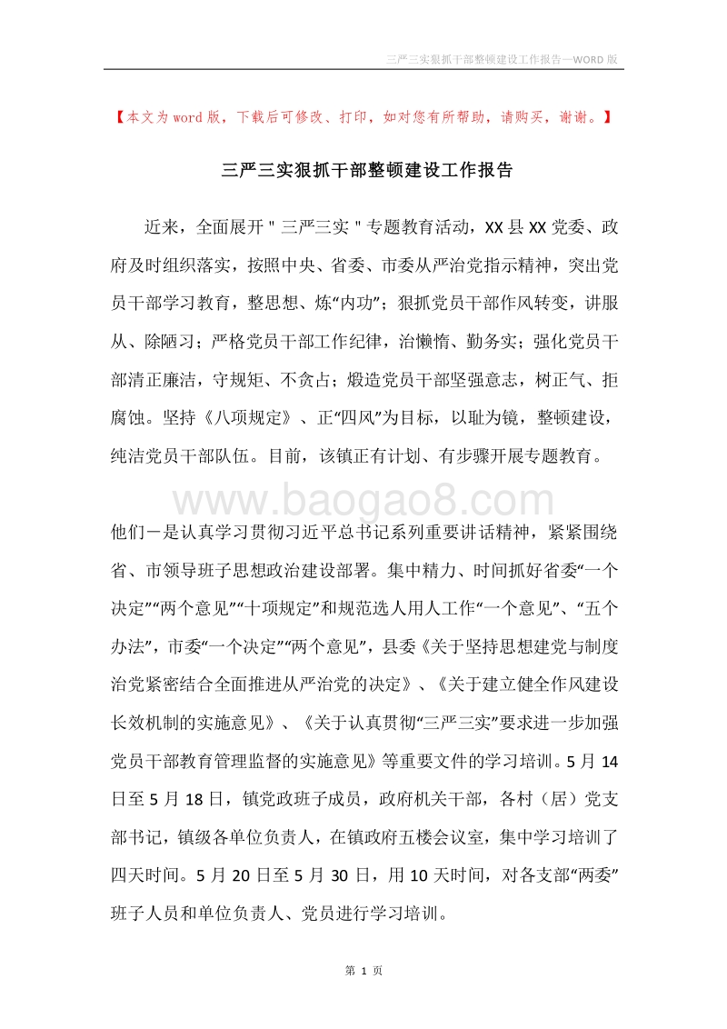 三严三实狠抓干部整顿建设工作报告.docx_第1页