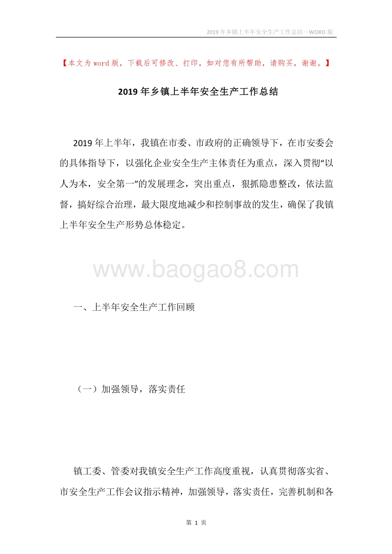 2019年乡镇上半年安全生产工作总结.docx_第1页
