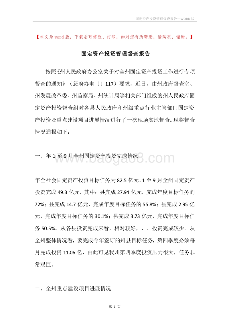 固定资产投资管理督查报告.docx_第1页