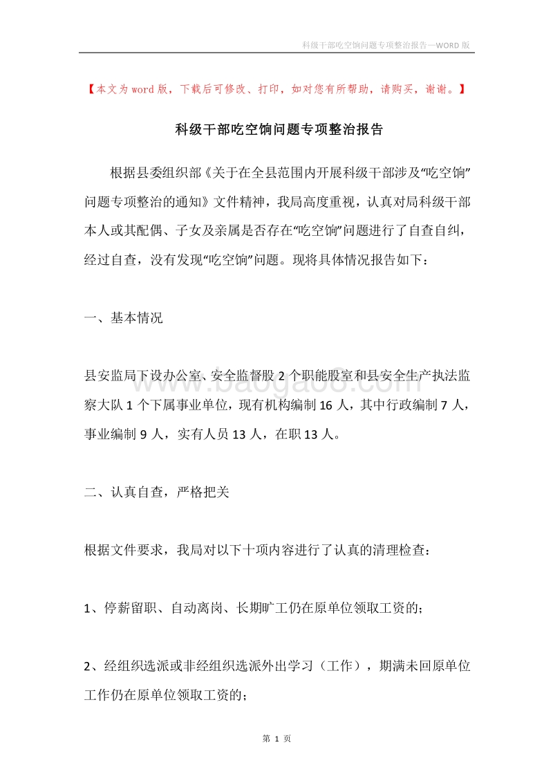科级干部吃空饷问题专项整治报告.docx_第1页