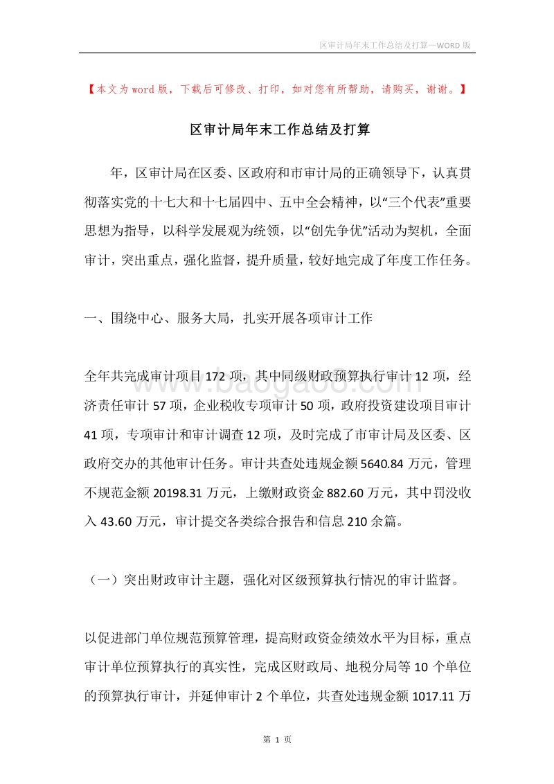 区审计局年末工作总结及打算.docx_第1页