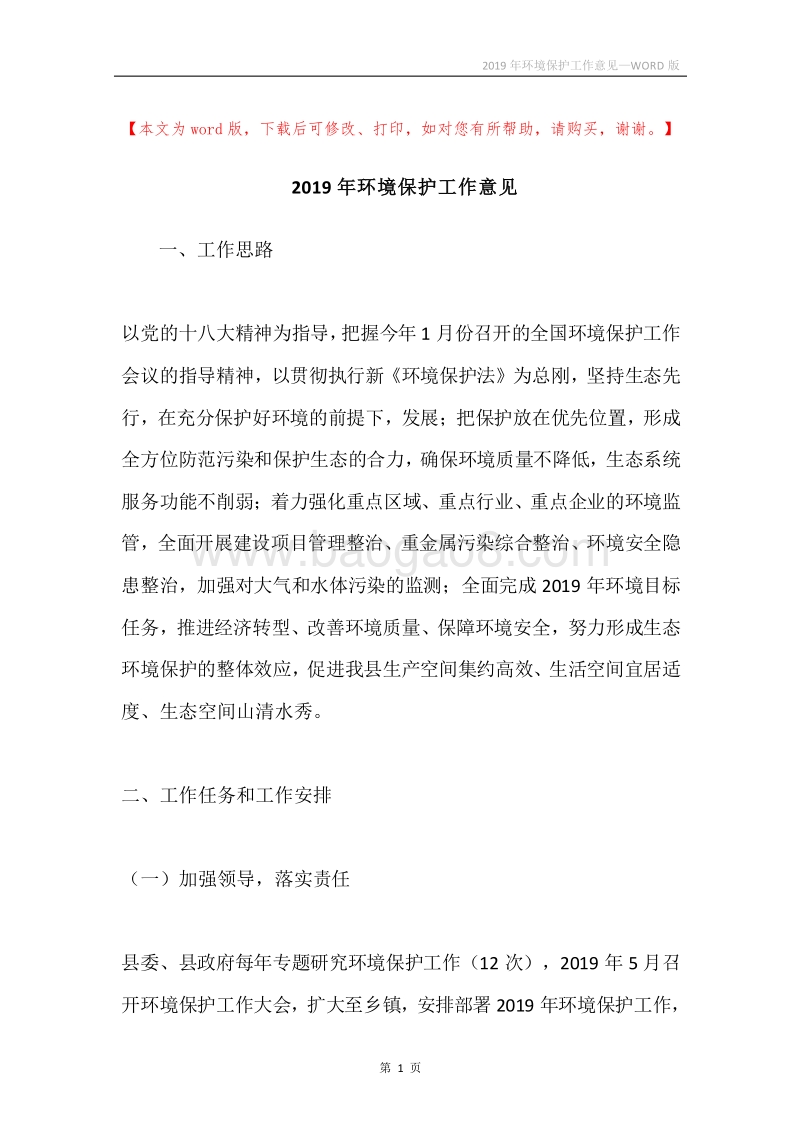 2019年环境保护工作意见.docx_第1页