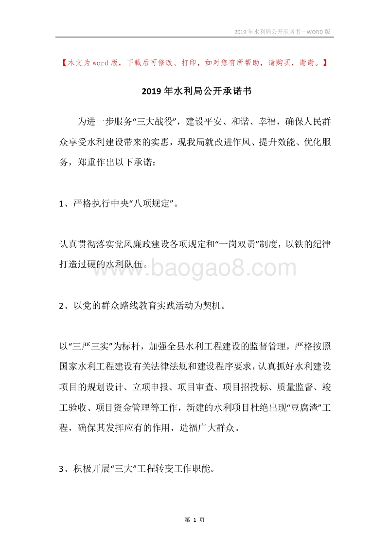 2019年水利局公开承诺书.docx_第1页
